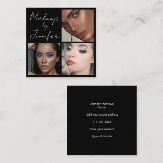 Elegant zwart wit script 3 foto make-up vierkante visitekaartje (Voorkant / Achterkant)