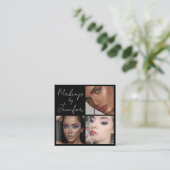 Elegant zwart wit script 3 foto make-up vierkante visitekaartje (Staand voorkant)