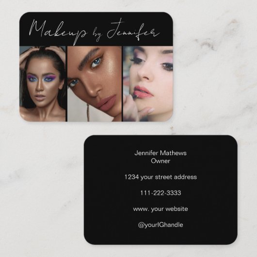 Elegant zwart wit script 3 foto make-up visitekaartje (Voorkant / Achterkant)