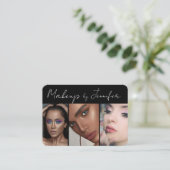 Elegant zwart wit script 3 foto make-up visitekaartje (Staand voorkant)