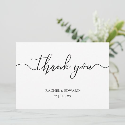 Elegant Zwart & Wit Script bruiloft Bedankkaart (Staand voorkant)