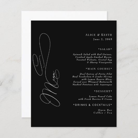 Elegant Zwart & Wit Script Bruiloft Menu (Voorkant / Achterkant)