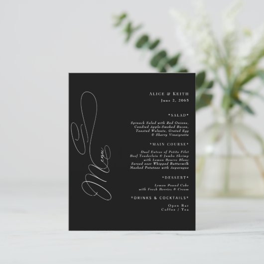 Elegant Zwart & Wit Script Bruiloft Menu (Staand voorkant)