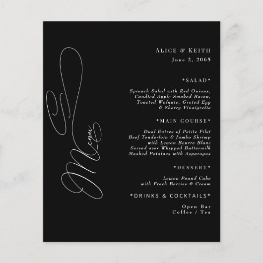 Elegant Zwart & Wit Script Bruiloft Menu (Voorkant)