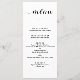 Elegant Zwart-Wit Script Bruiloft Menu Kaarten