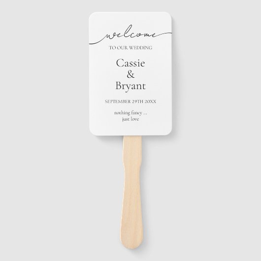 Elegant zwart-wit script bruiloft programma handwaaier (Voorkant)
