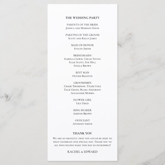 Elegant Zwart & Wit Script bruiloft Programmakaart (Achterkant)