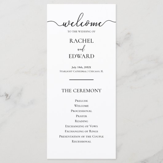 Elegant Zwart & Wit Script bruiloft Programmakaart (Voorkant)