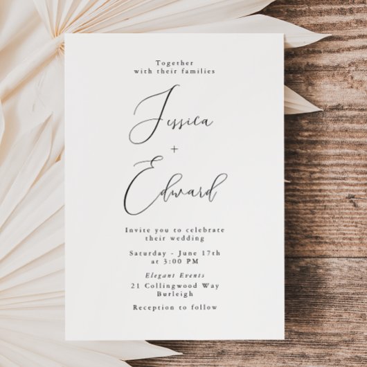 Elegant Zwart & Wit Script bruiloft uitnodiging
