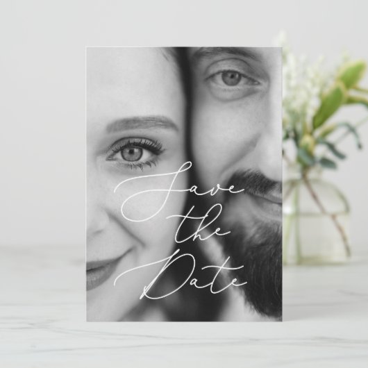 Elegant zwart wit script foto Sla de datum op Save The Date (Staand voorkant)
