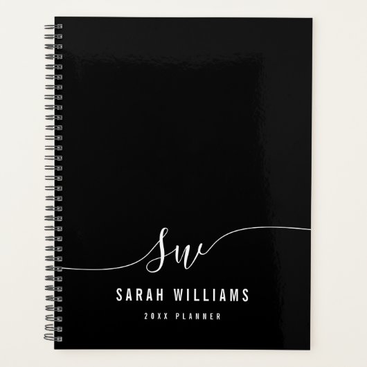 Elegant zwart-wit script Initiaal Monogram Planner (Voorkant)