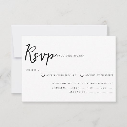 Elegant Zwart & Wit Script Maaltijd Keuze Bruiloft RSVP Kaartje (Voorkant)