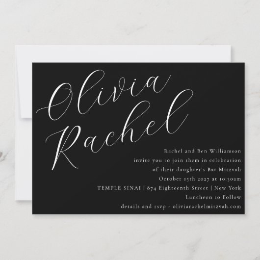 Elegant Zwart-wit Script Minimale Bat Mitzvah Kaart (Voorkant)