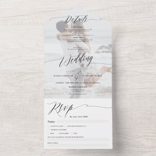 Elegant zwart wit script moderne fotobruiloft all in one uitnodiging (Binnen)