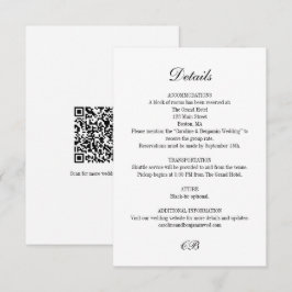 Elegant Zwart Wit Script Monogram QR Trouwdag Informatiekaartje