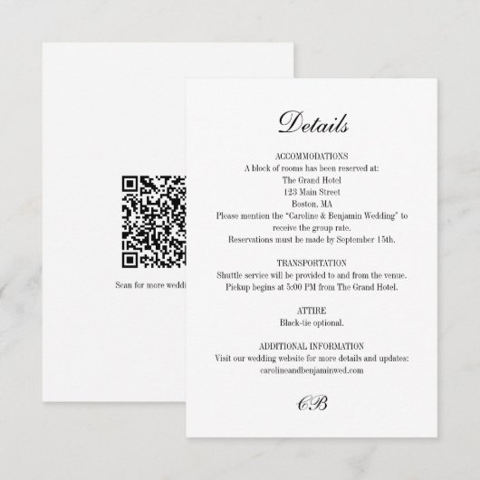 Elegant Zwart Wit Script Monogram QR Trouwdag Informatiekaartje (Voorkant / Achterkant)