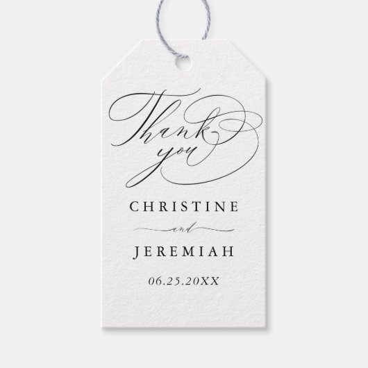 Elegant Zwart Wit Script Namen Bruiloft Dank u Cadeaulabel (Voorkant)