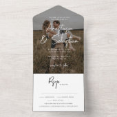 Elegant zwart-wit script RSVP Photo Wedding V2 All In One Uitnodiging (Binnen)