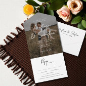 Elegant zwart-wit script RSVP Photo Wedding V2 All In One Uitnodiging