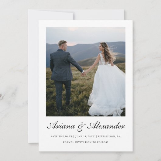 Elegant zwart-wit script twee foto's bruiloft save the date (Voorkant)