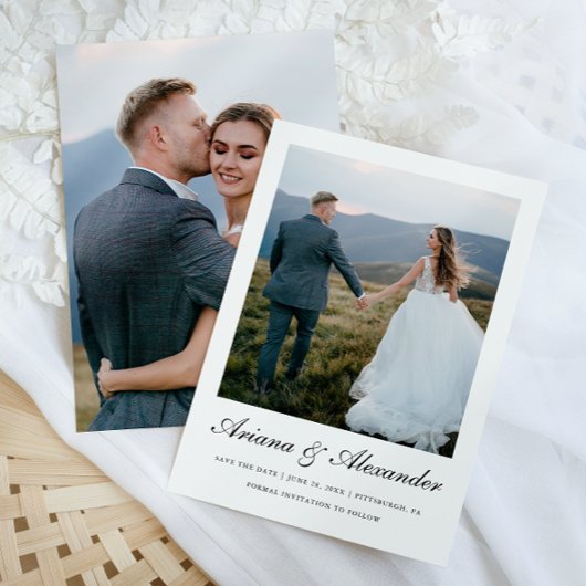 Elegant zwart-wit script twee foto's bruiloft save the date