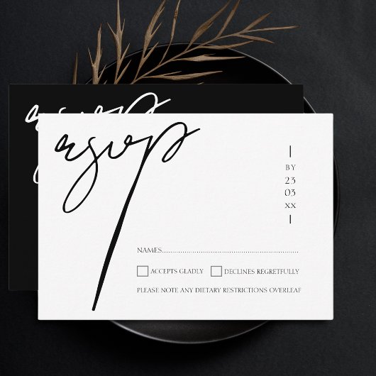 Elegant Zwart-wit Script Typografie Bruiloft RSVP Kaartje