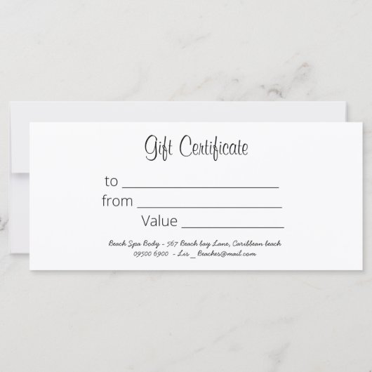 Elegant Zwart & Wit Spa Salon Cadeaubon (Achterkant)