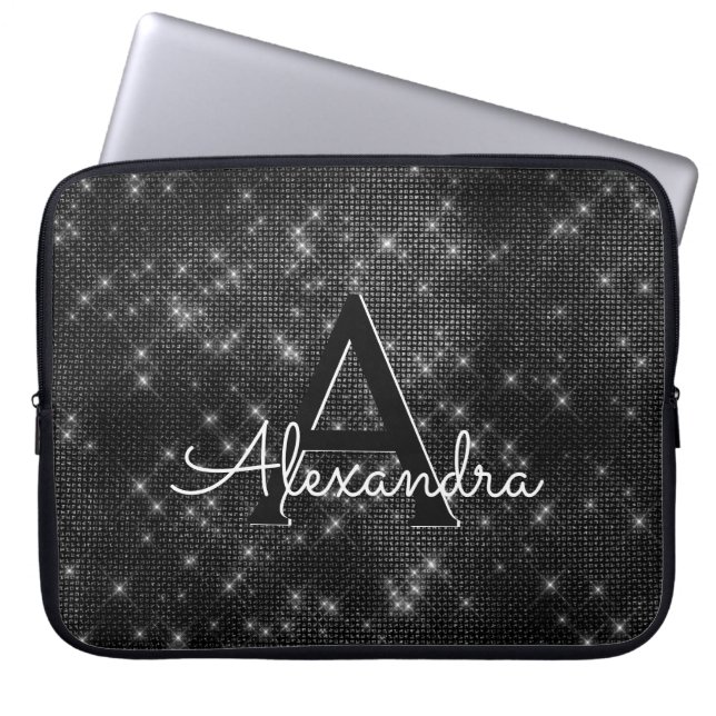 Elegant zwart-wit sprankelende sterren monogram laptop sleeve (Voorkant)