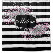 Elegant Zwart Wit Strepen Diamant Roze Sparkles Douchegordijn (Voorkant)
