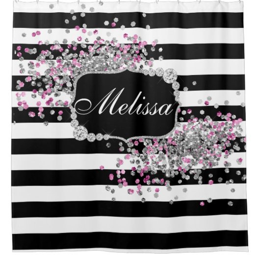Elegant Zwart Wit Strepen Diamant Roze Sparkles Douchegordijn (Voorkant)