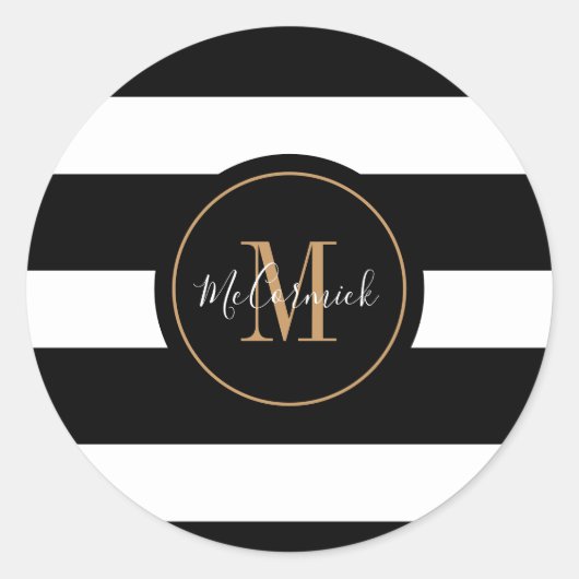 Elegant Zwart Wit Strepen Goud Monogram Naam Ronde Sticker (Voorkant)