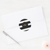 Elegant Zwart Wit Strepen Goud Monogram Naam Ronde Sticker (Envelop)