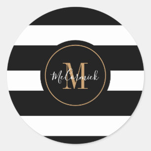 Elegant Zwart Wit Strepen Goud Monogram Naam Ronde Sticker