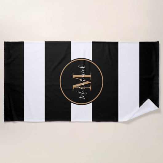 Elegant Zwart Wit Strepen Goud Monogram Naam Strandlaken (Voorkant)