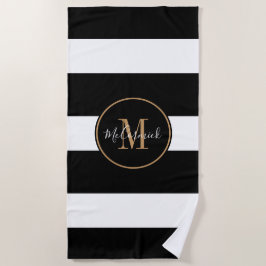 Elegant Zwart Wit Strepen Goud Monogram Naam Strandlaken