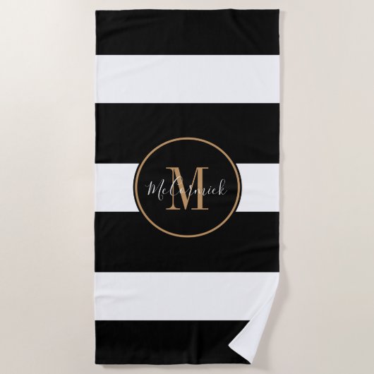 Elegant Zwart Wit Strepen Goud Monogram Naam Strandlaken (Voorkant)