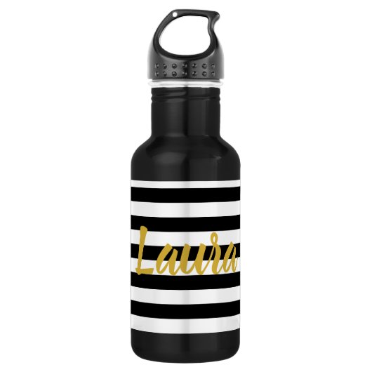 Elegant Zwart-Wit Strepen Goud Naam Script Waterfles (Voorkant)