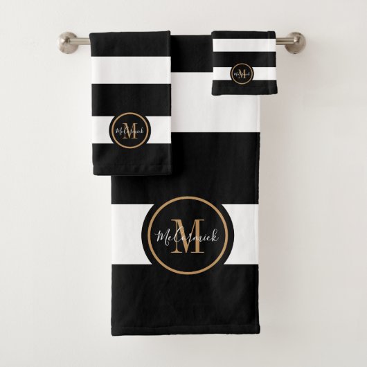 Elegant Zwart Wit Strepen Luxe Goud Monogram Bad Handdoek (Insitu)