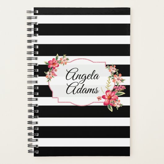 Elegant Zwart Wit Strepen Roze Glitter Lijst Planner (Voorkant)