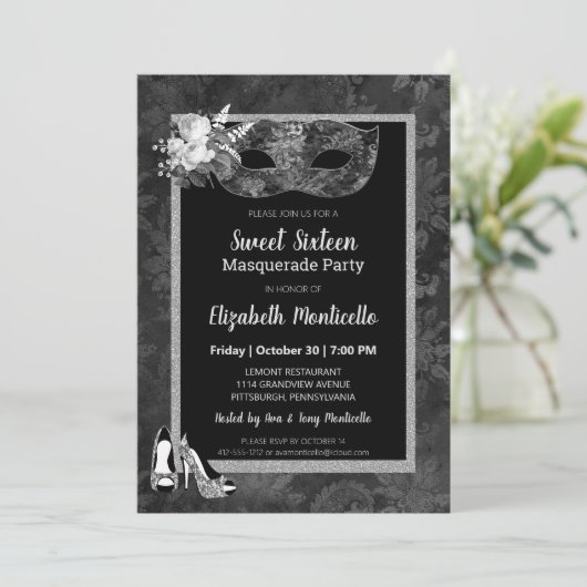 Elegant zwart/wit Sweet 16 Masquerade Party Kaart (Staand voorkant)
