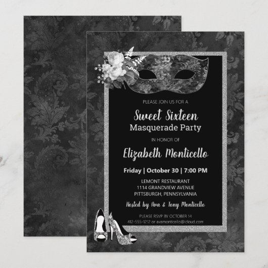 Elegant zwart/wit Sweet 16 Masquerade Party Kaart (Voorkant / Achterkant)