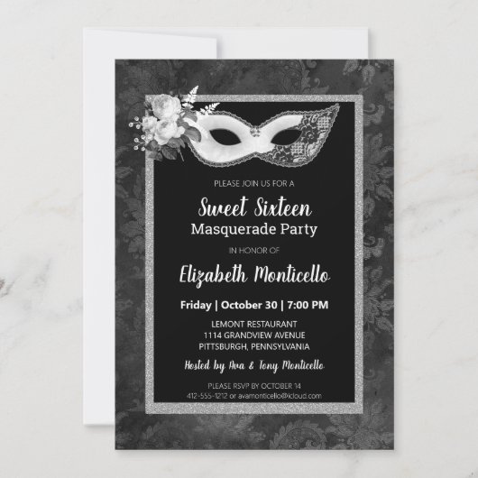 Elegant zwart/wit Sweet 16 Masquerade Party Kaart (Voorkant)