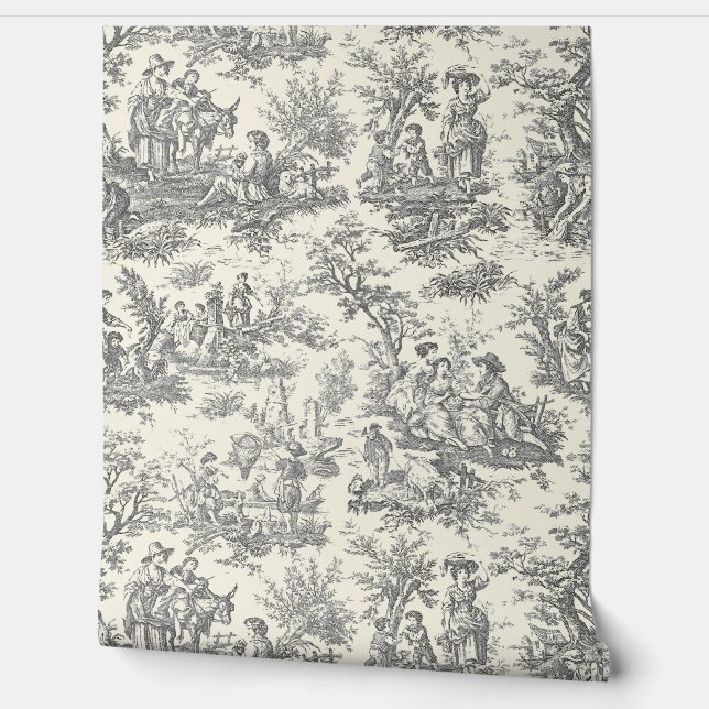 Elegant  zwart-wit Toile de Jouy Behang (Afrollen)
