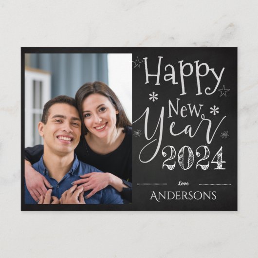 Elegant Zwart Wit Typografie Nieuwjaar 2024 Foto Briefkaart (Voorkant)