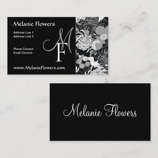 Elegant zwart-wit vintage bloemenmonogram visitekaartje (Voorkant / Achterkant)