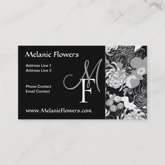 Elegant zwart-wit vintage bloemenmonogram visitekaartje (Voorkant)