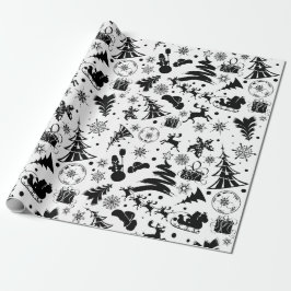 Elegant zwart-wit vrolijk kerstfeest  cadeaupapier