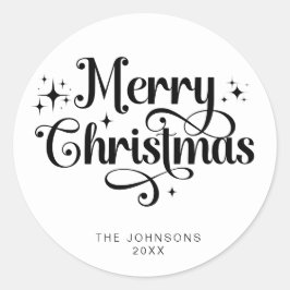 Elegant Zwart Wit Vrolijk Kerstscript Custom Ronde Sticker