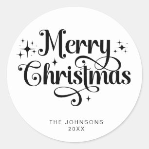 Elegant Zwart Wit Vrolijk Kerstscript Custom Ronde Sticker