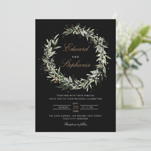 Elegant Zwart & Wit Waterverf Groen Bruiloft Kaart (Staand voorkant)